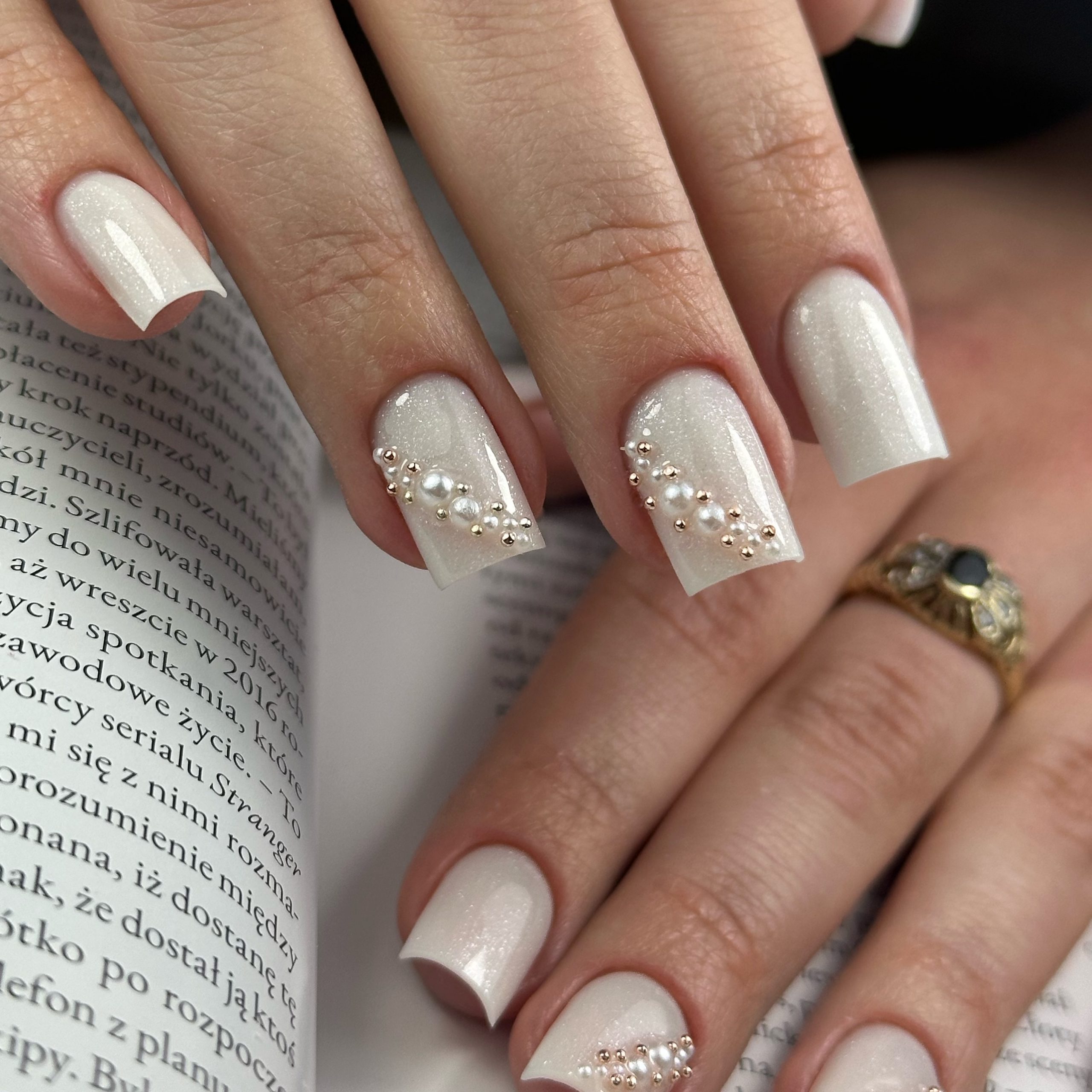 Shimmering Pearl and Gold Bridal Square Nails
