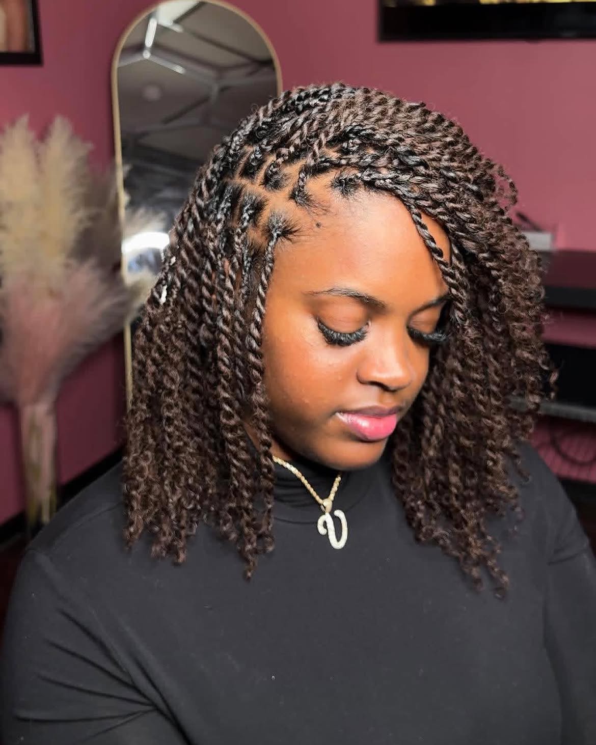 Shoulder Length Natural Mini Twists With Defined Ends