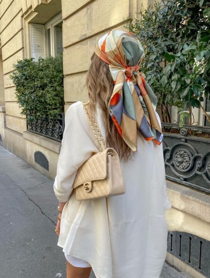 Silk Headscarf With Oversized White Shirt And Quilted Bag