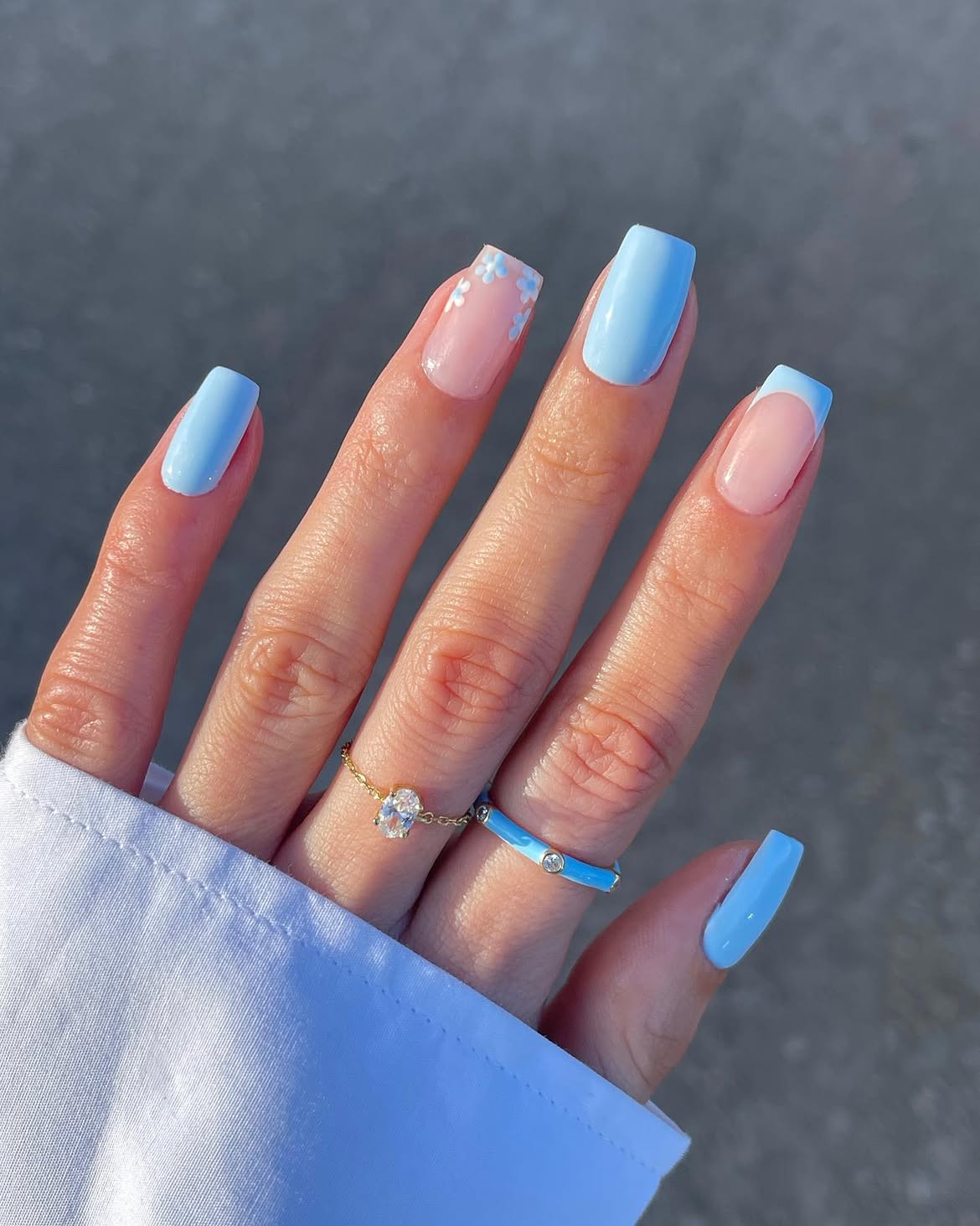Sky Blue French Tips With Floral Accent
