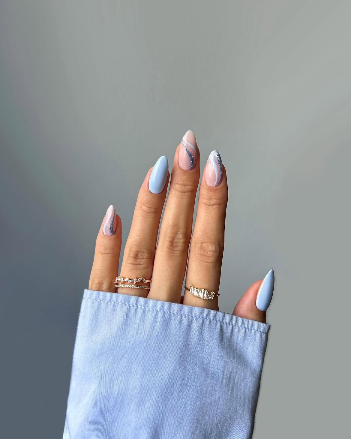 Sky Blue Swirl French Tips with Glitter