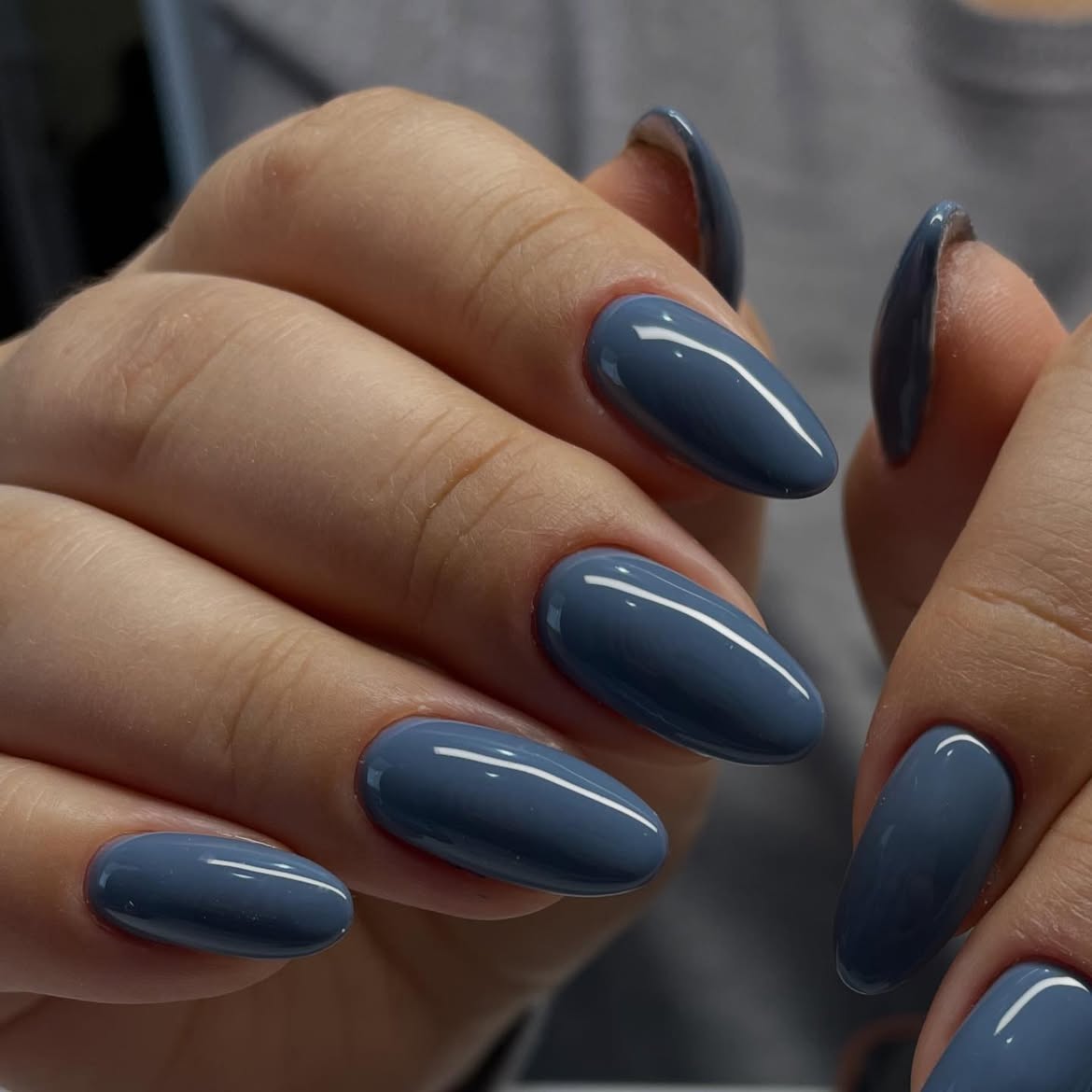 Slate Gray Glossy Almond Nails