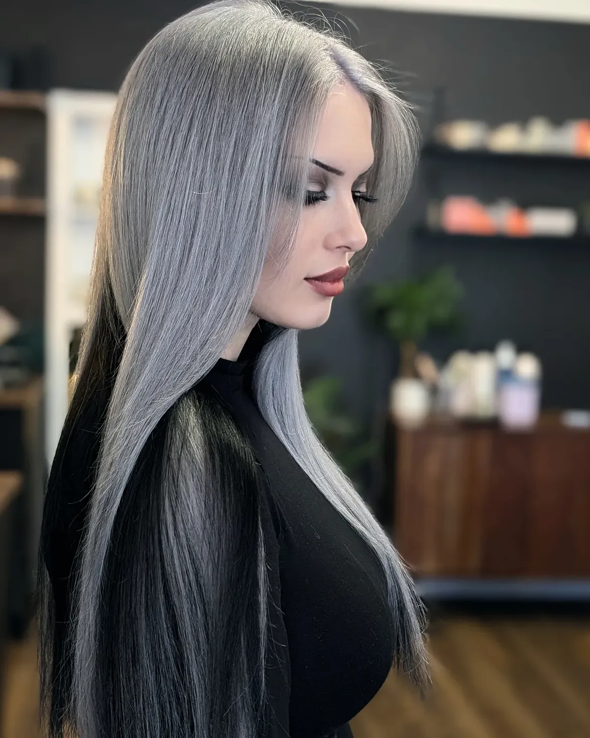 Sleek Ash Grey Hair With Dark Underneath