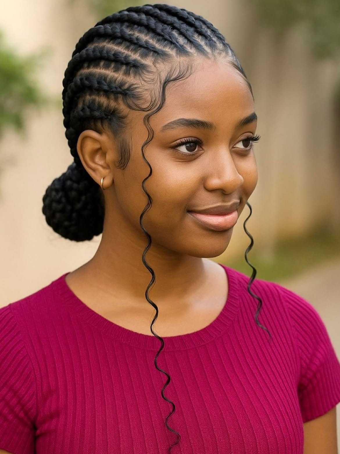 Sleek Cornrow Braids With Low Bun And Tendrils
