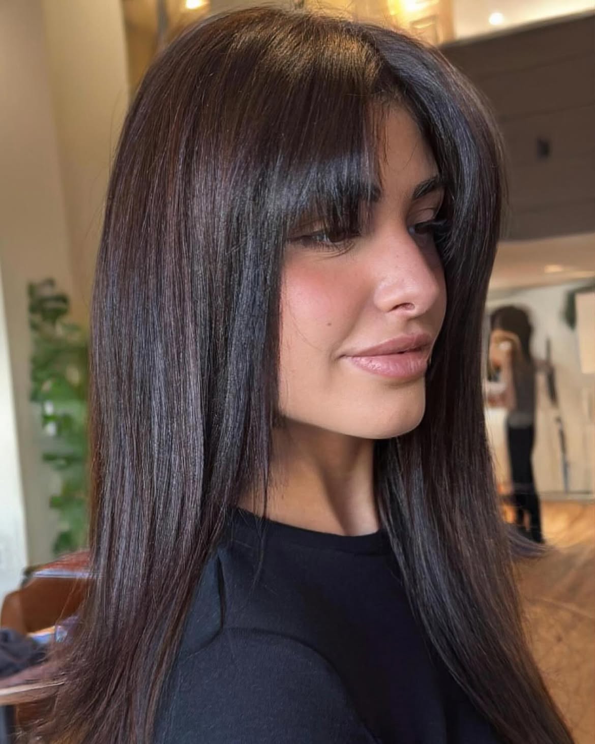 Sleek Dark Chocolate Layers With Curtain Bangs