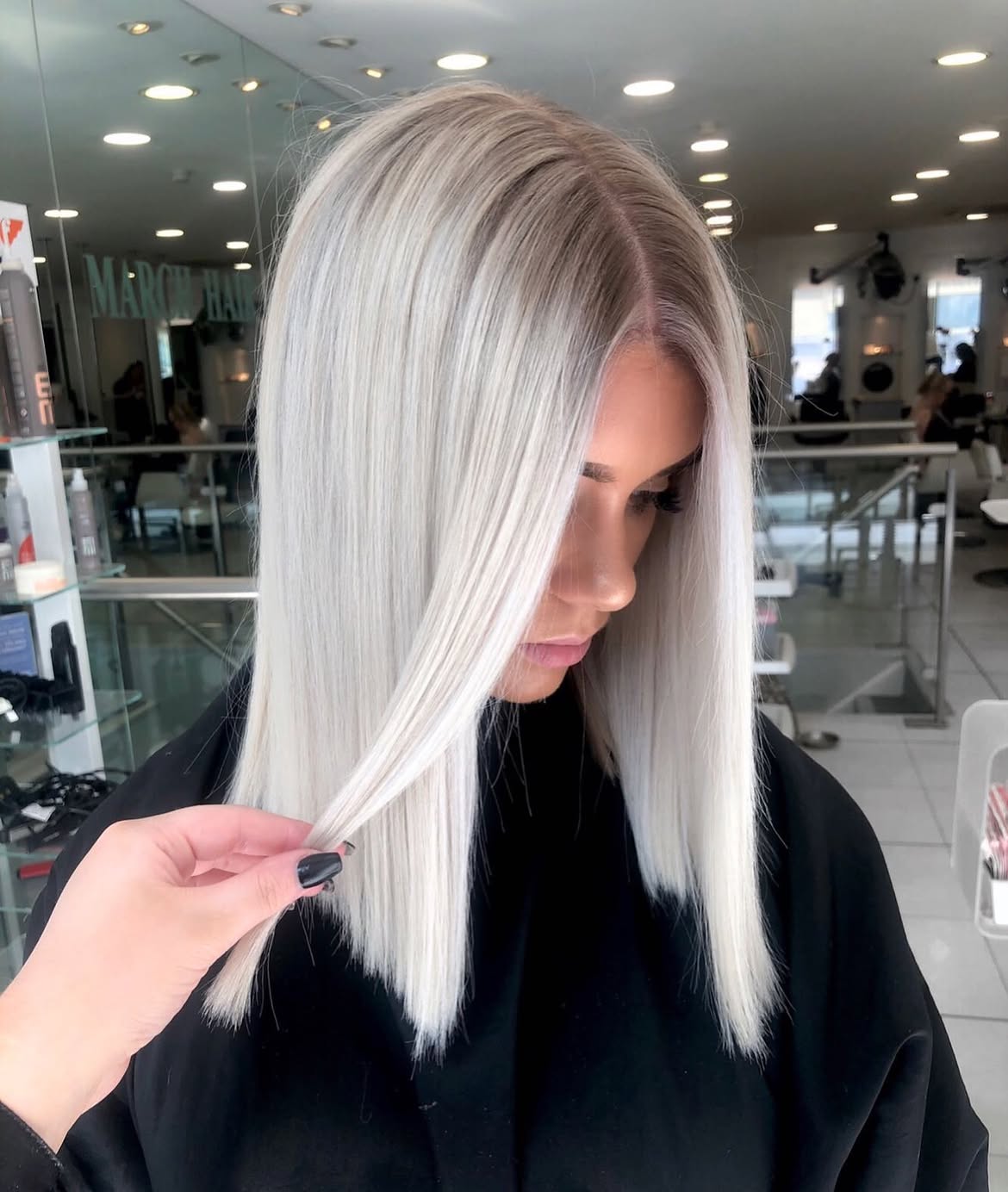 Sleek Platinum Blunt Lob With Soft Shadow Root
