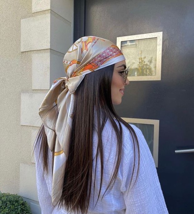 Sleek Straight Brunette Hair With Silk Scarf Headwrap