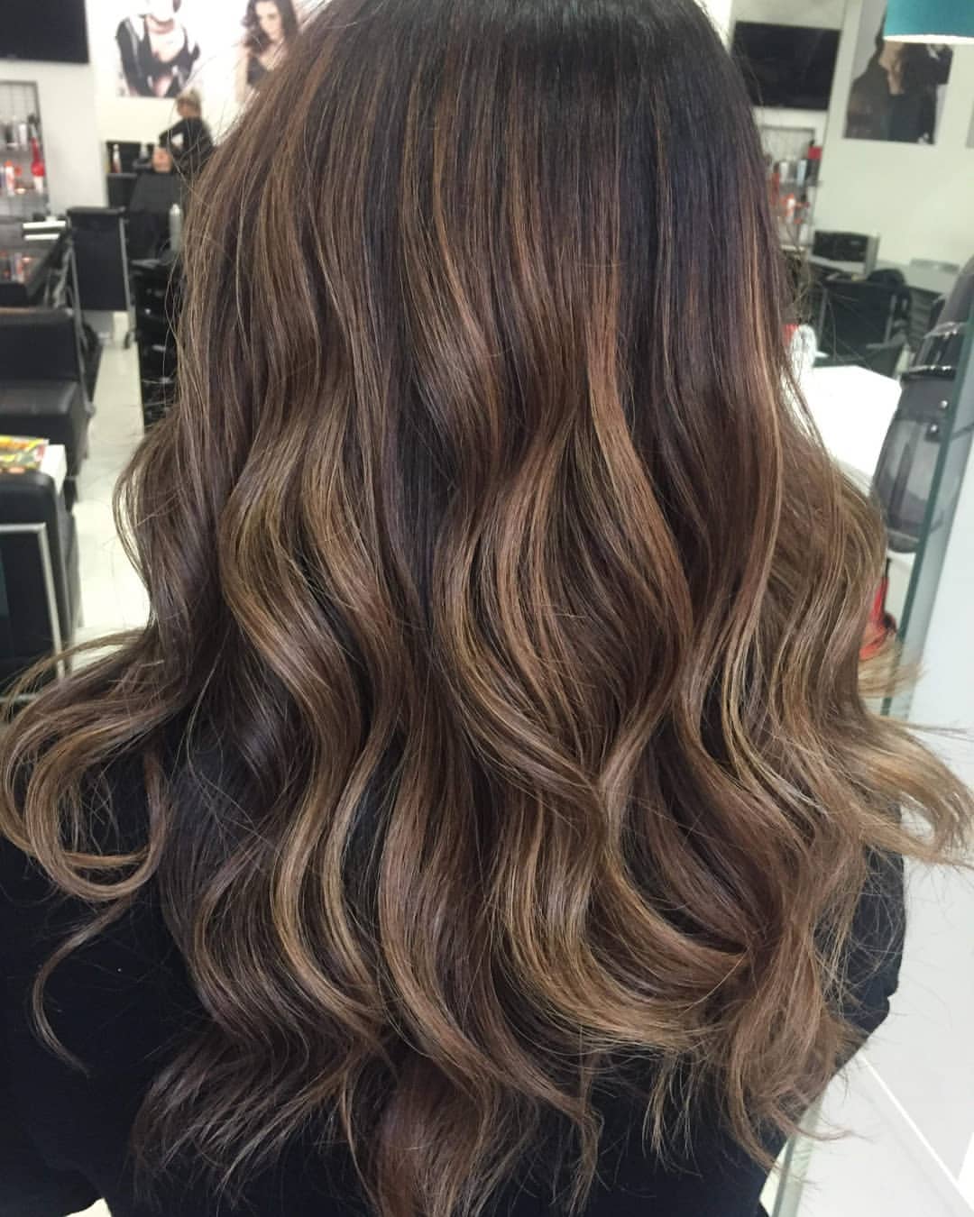 Soft Caramel Balayage On Brunette Waves