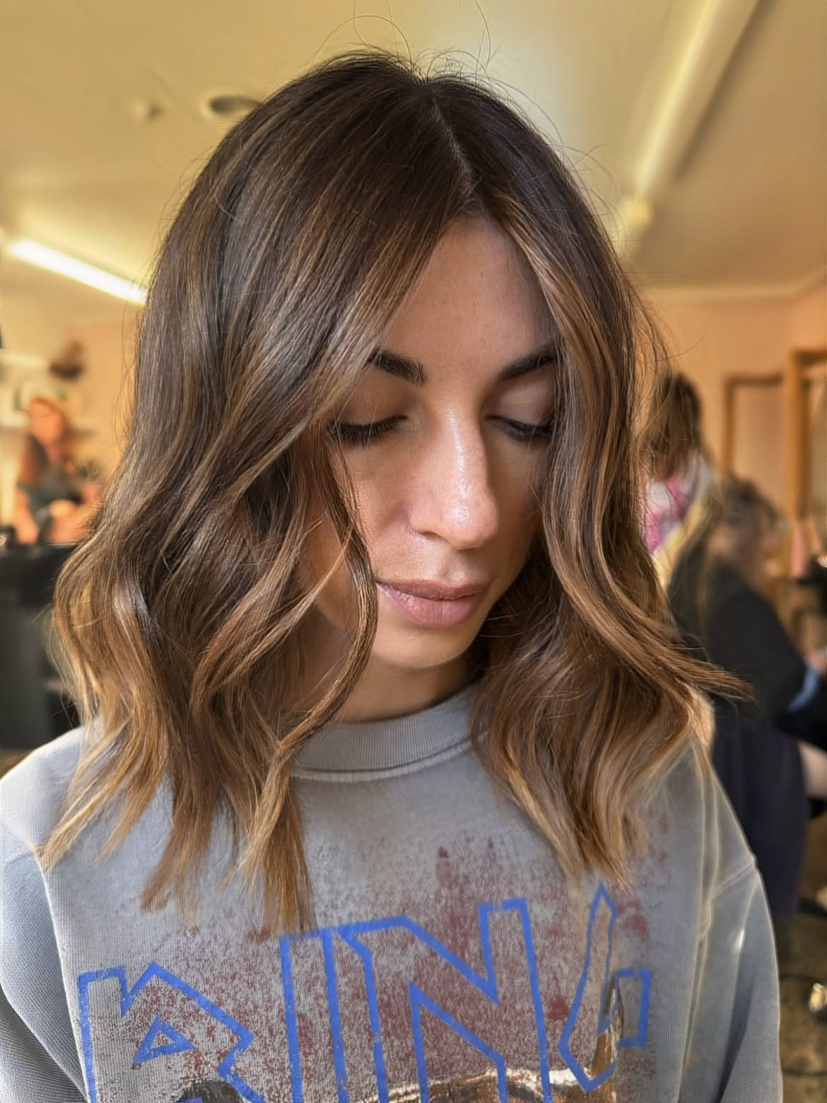 Soft Caramel Balayage On Lived In Shoulder Length Lob