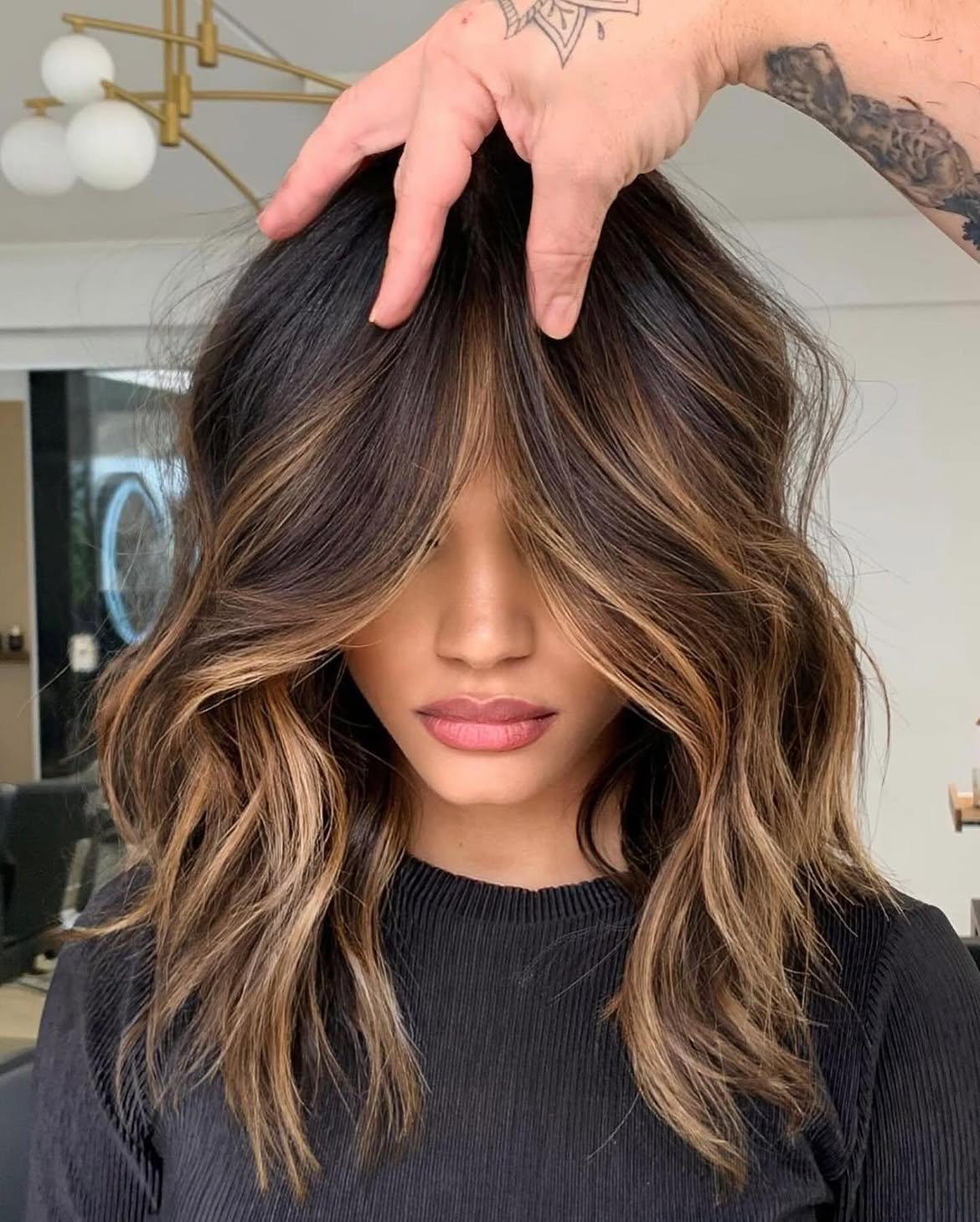 Soft Caramel Highlights On Dark Brunette Lob
