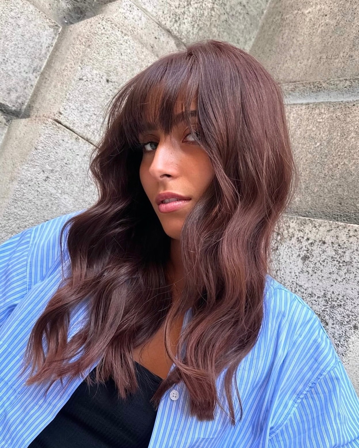Soft Copper Brown Waves With Wispy Fringe