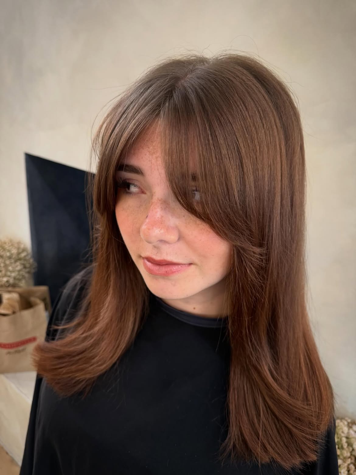 Soft Curtain Bangs On Chestnut Brown Layers