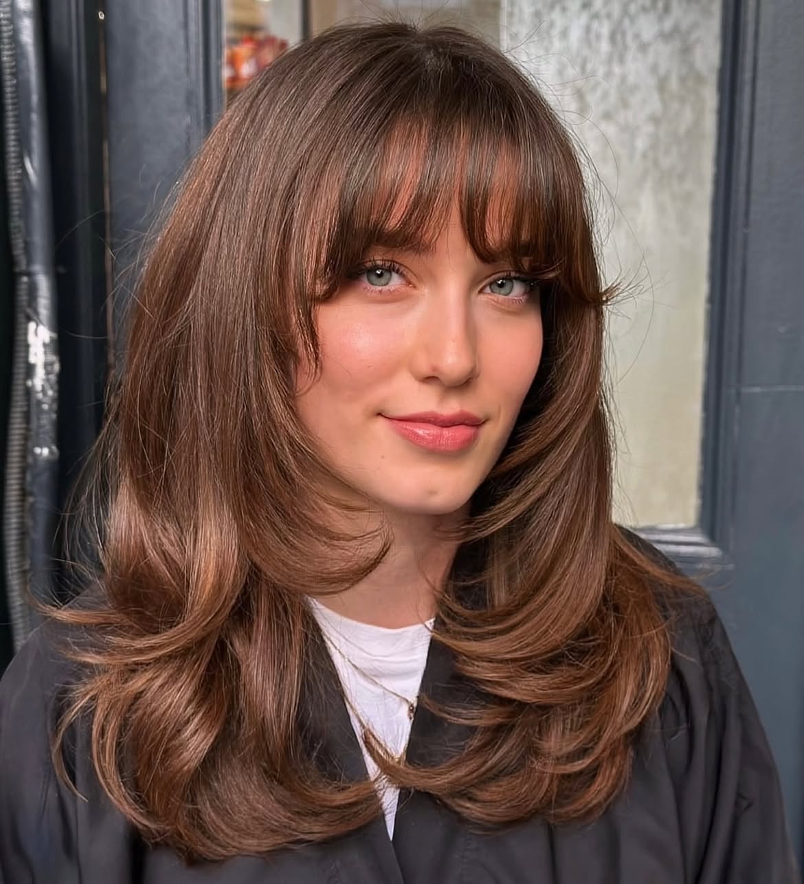 Soft Curtain Bangs With Honey Brown Layers
