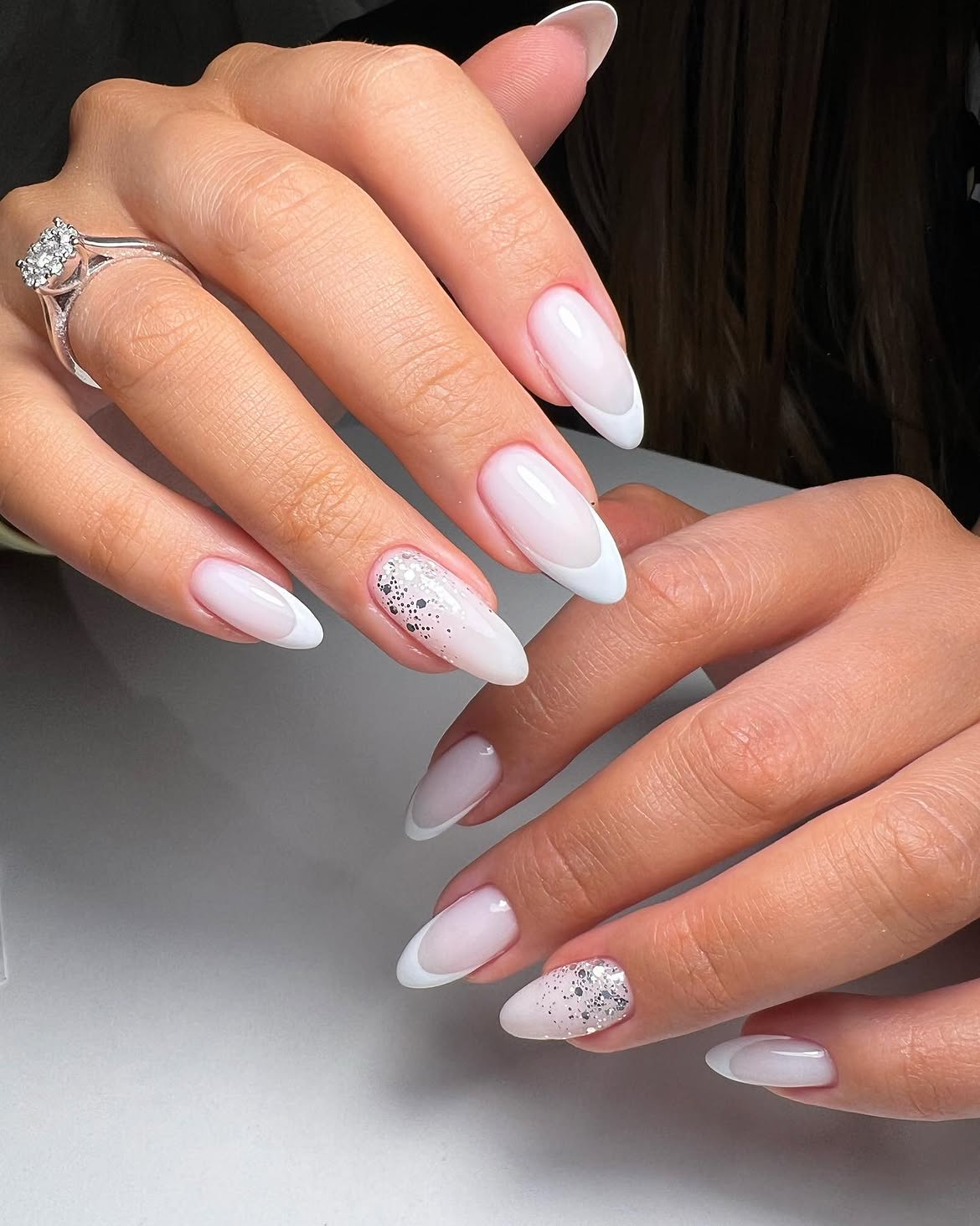 Soft Milky Almond French with Glitter Accent