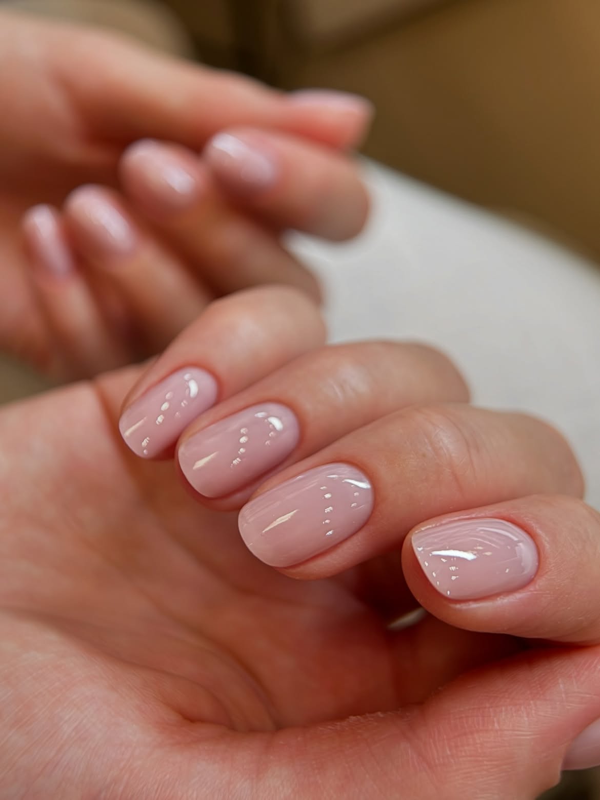 Soft Milky Pink Manicure With Delicate White Dots