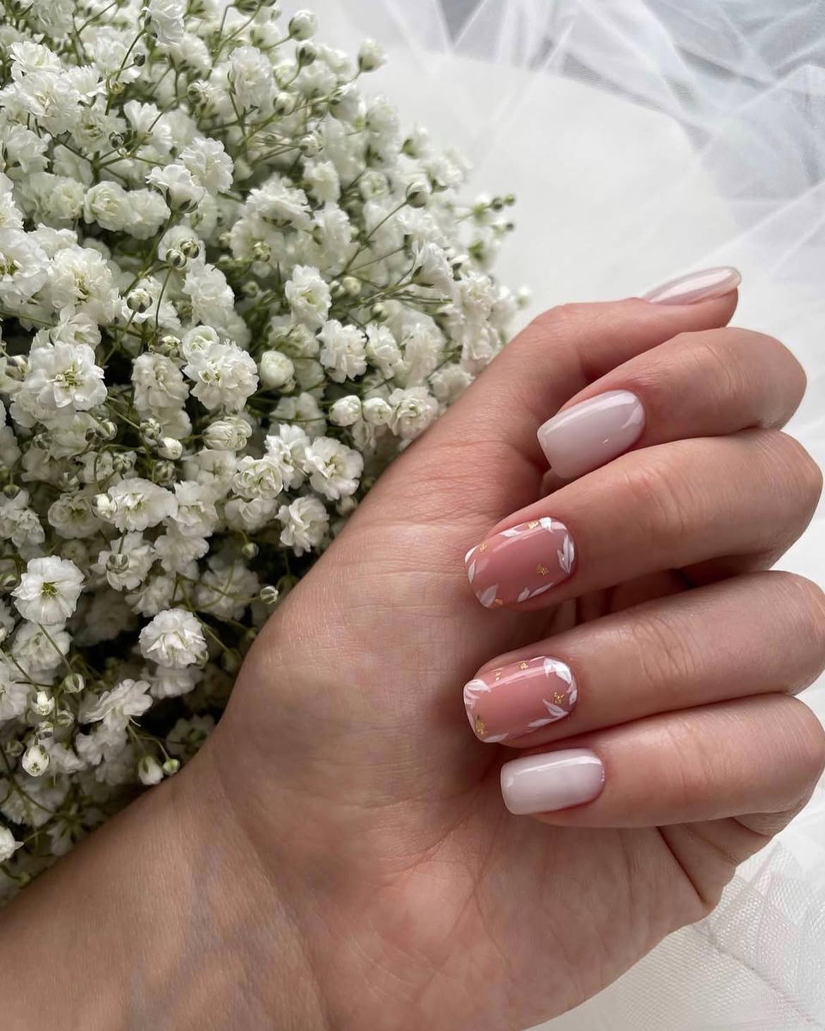 Soft Pink Floral Accent Nails with Gold Flakes