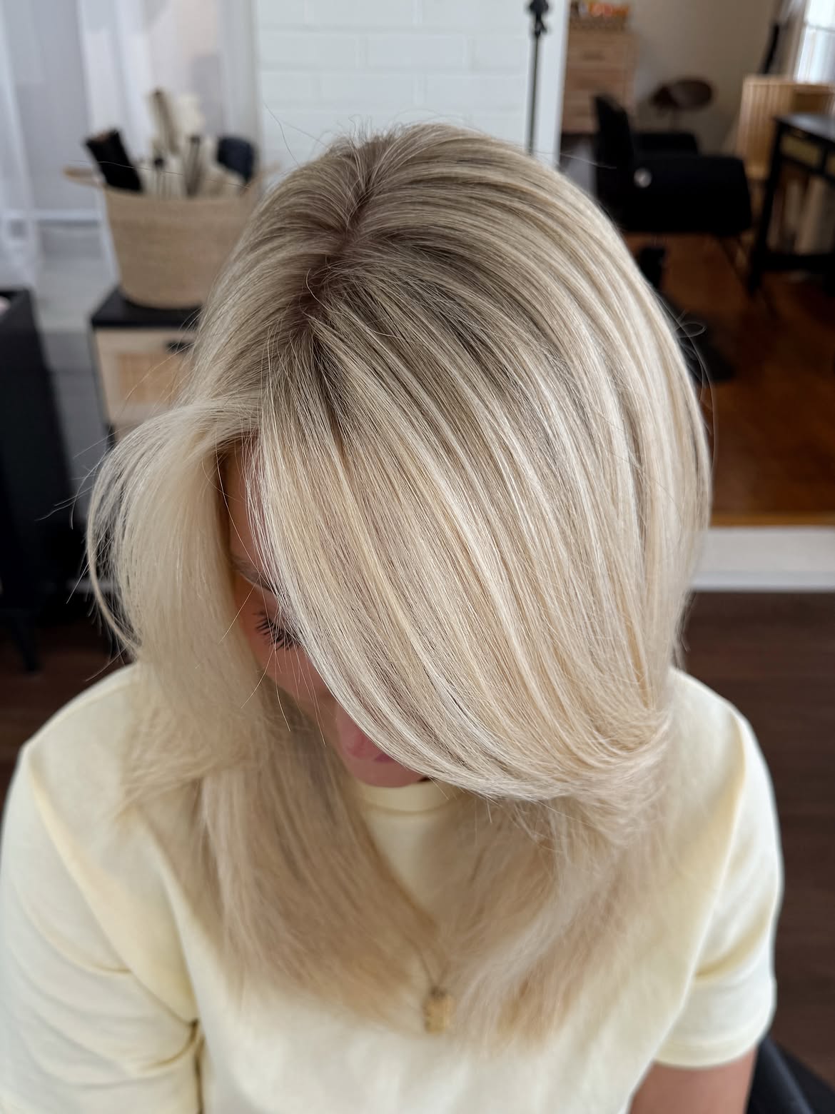 Soft Shadow Root On Bright Platinum Blonde Layers