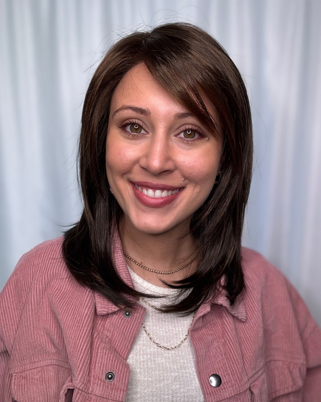 Soft Side Swept Bangs On Dark Brown Lob