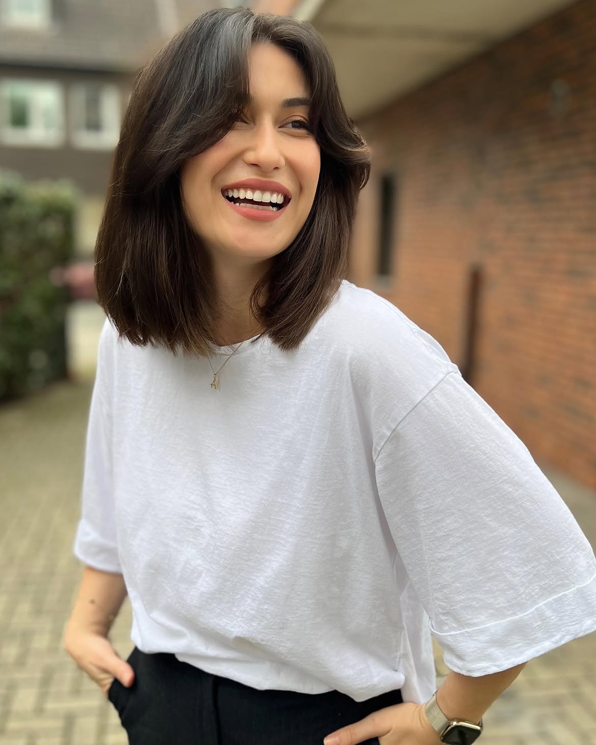 Sophisticated Espresso Brunette Lob With Curtain Bangs