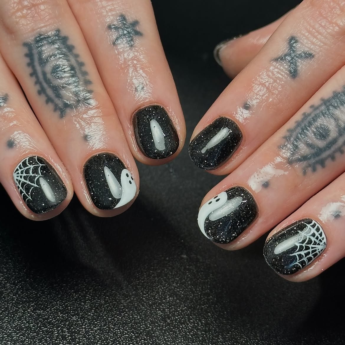 Sparkly Black Halloween Ghost & Spiderweb Nails