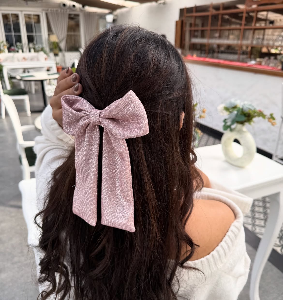 Sparkly Pink Bow Half-Up Half-Down Waves