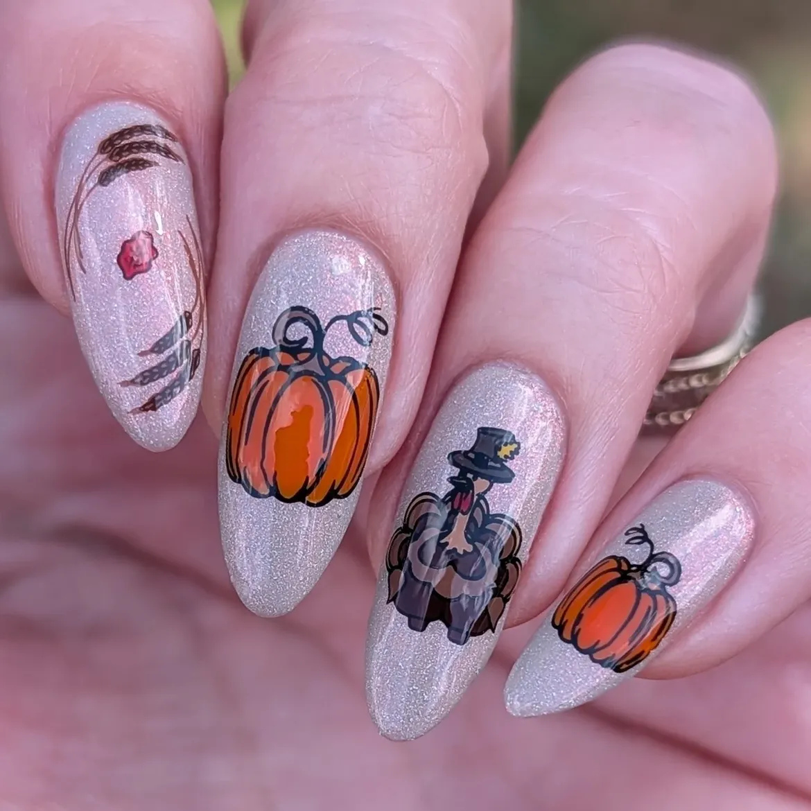 Sparkly Thanksgiving Turkey Pumpkin Nail Art