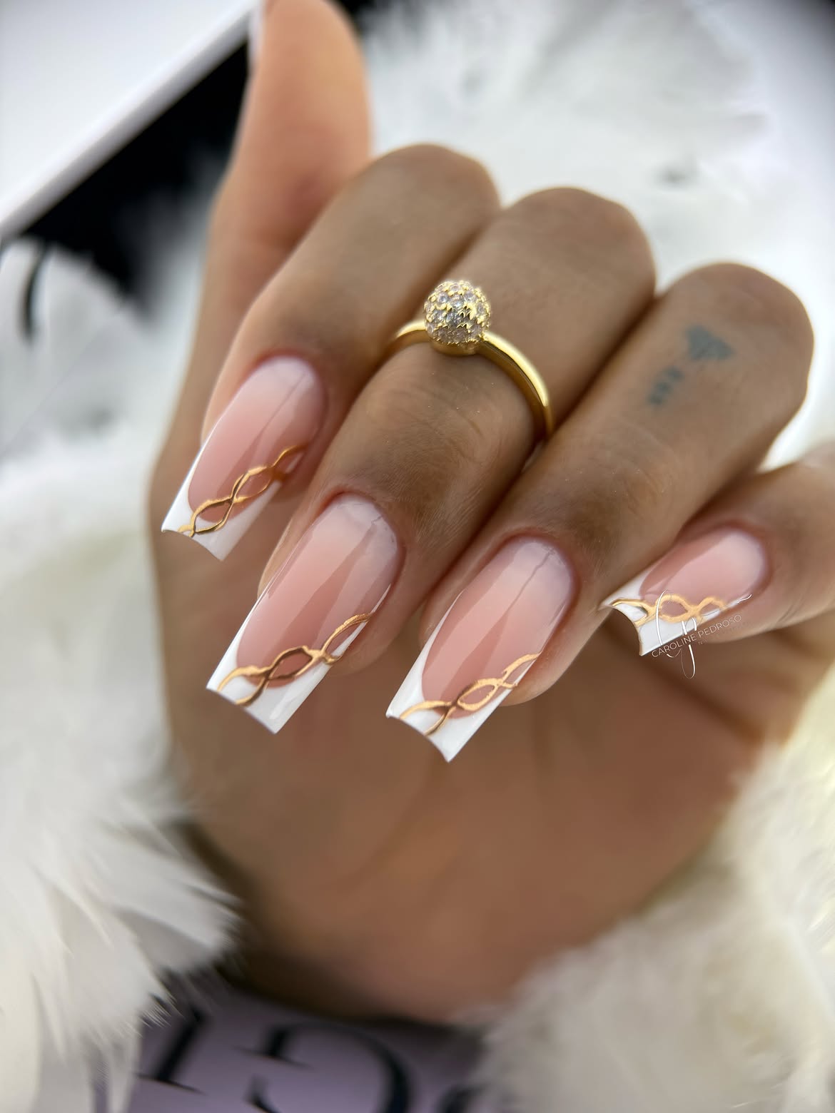 Square French Tip Nails With Gold Chain Art