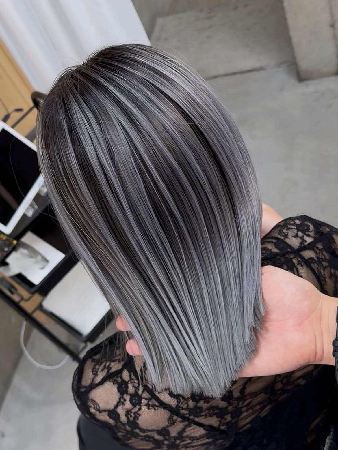 Steely Grey Bob With Subtle Dark Roots