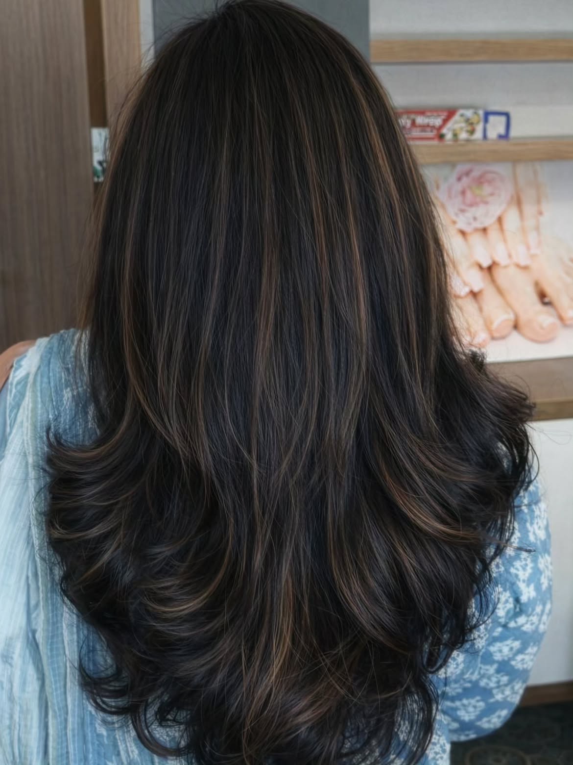 Subtle Caramel Highlights On Long Dark Layers