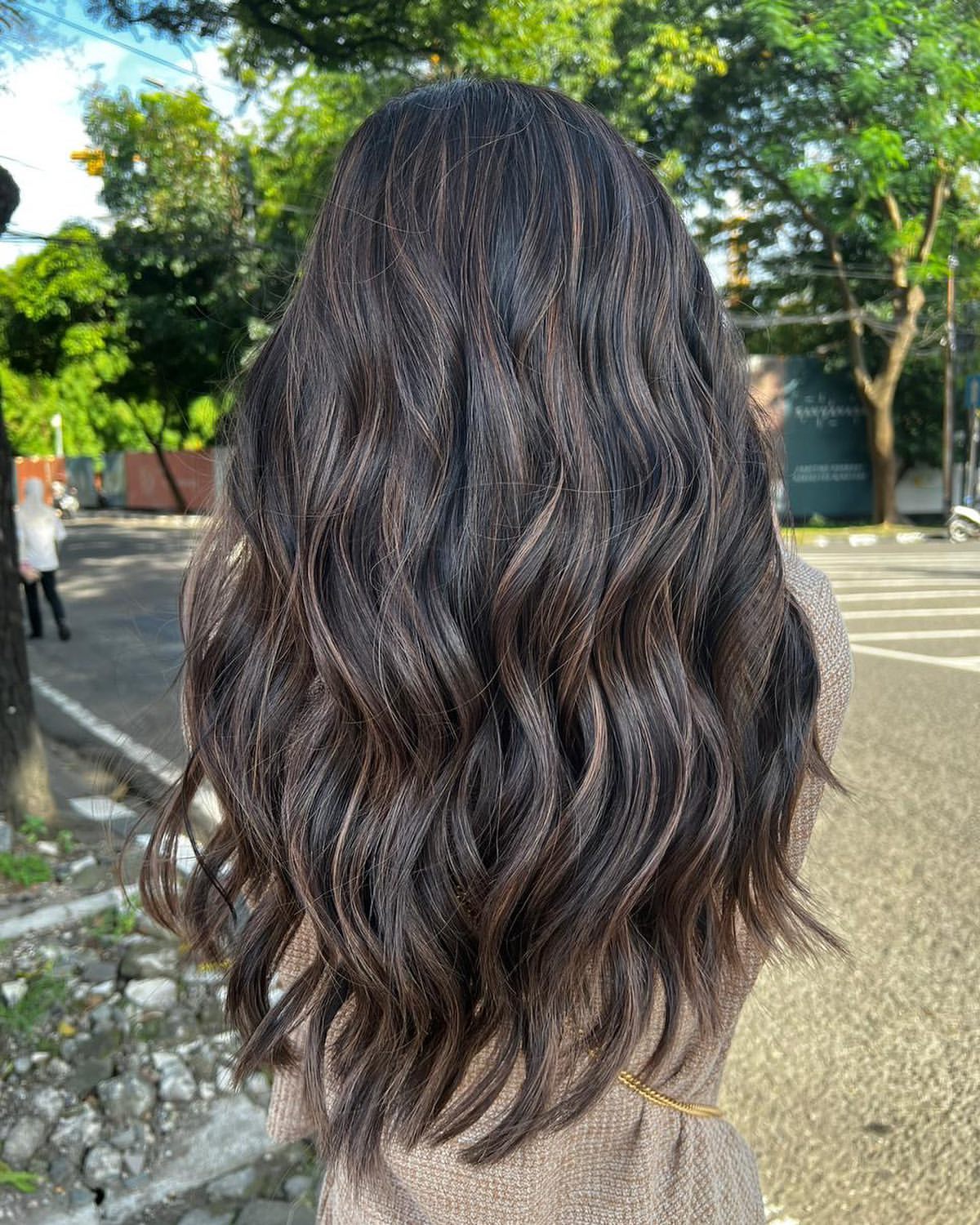 Subtle Caramel Highlights On Long Wavy Black Hair
