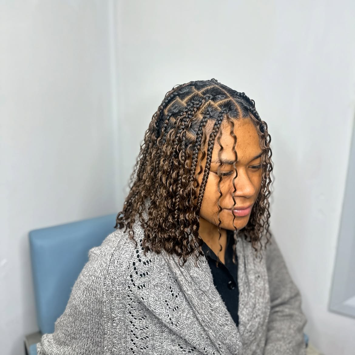 Textured Brown Box Braided Bob With Curly Ends
