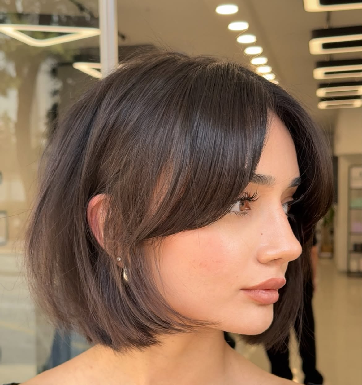 Textured Chin Length Bob With Soft Curtain Bangs