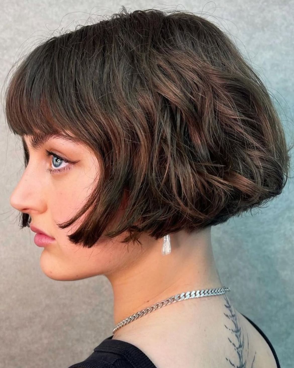 Textured French Bob With Blunt Brow Grazing Bangs