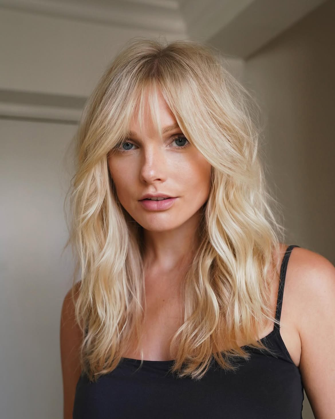 Tousled Blonde Lob With Feathered Bangs