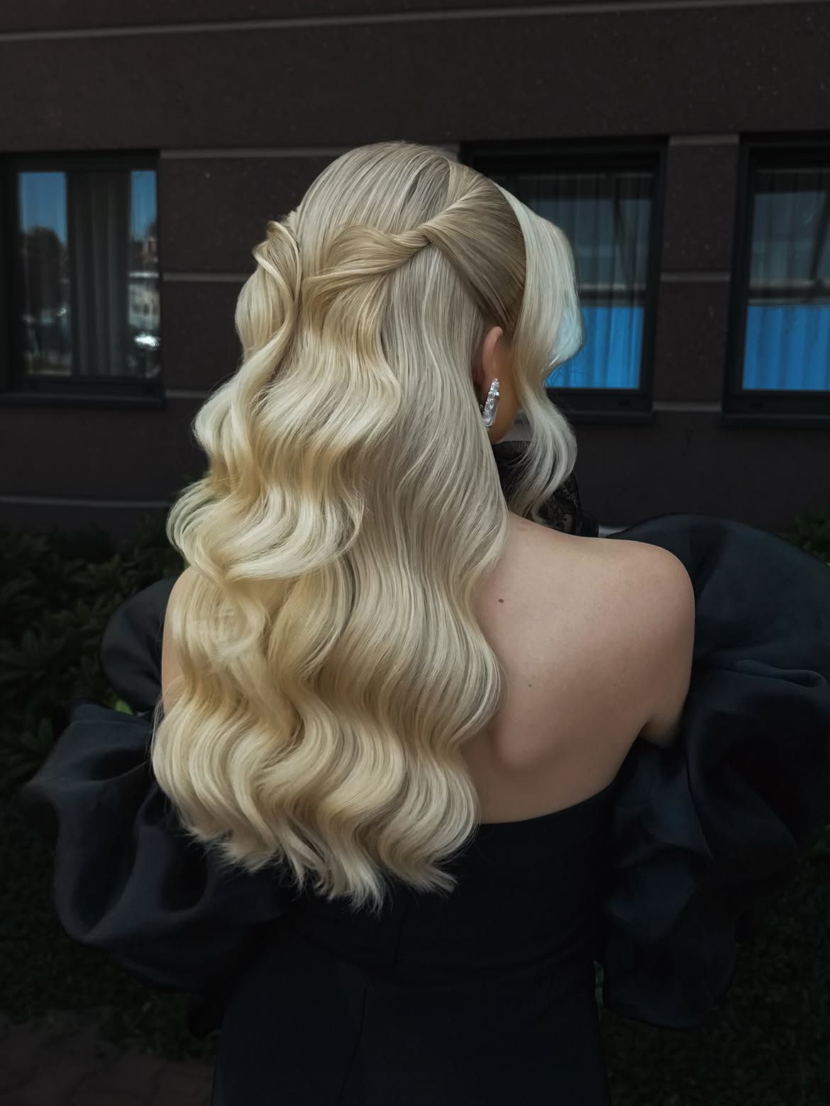 Twisted Crown Half-Up Hollywood Waves