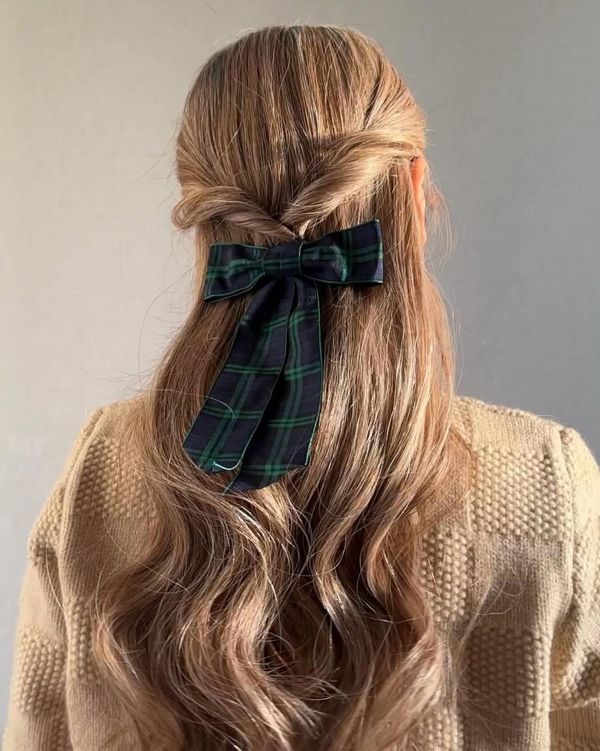 Twisted Half-Up With Plaid Bow Accent
