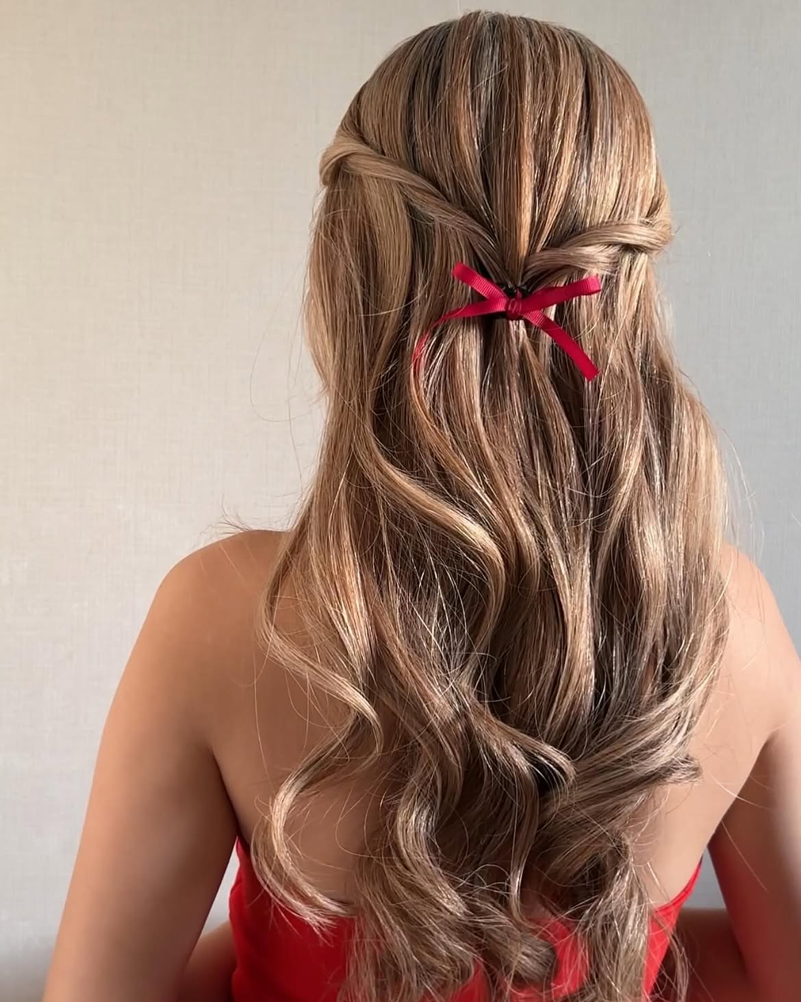 Twisted Half-Up With Red Ribbon Accent