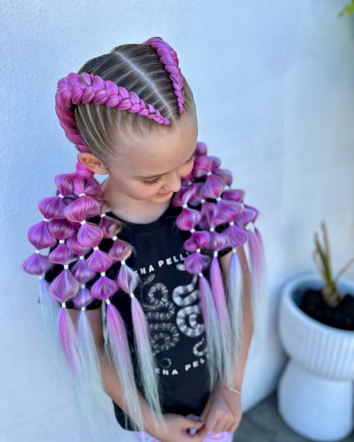 Vibrant Pink Bubble Braids With Dutch Cornrows
