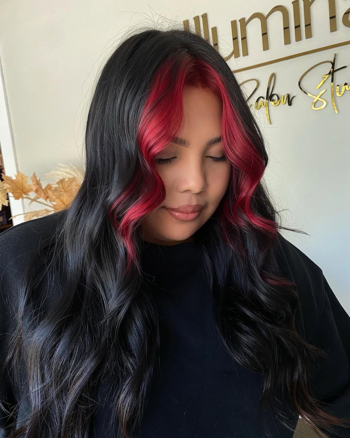 Vibrant Red Money Piece On Long Jet Black Waves