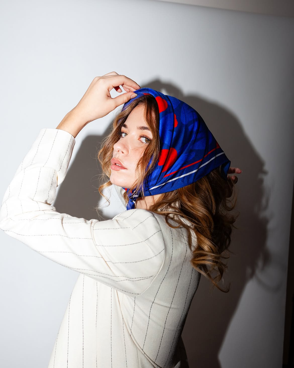 Vintage Inspired Silk Headscarf With Pinstripe Blazer