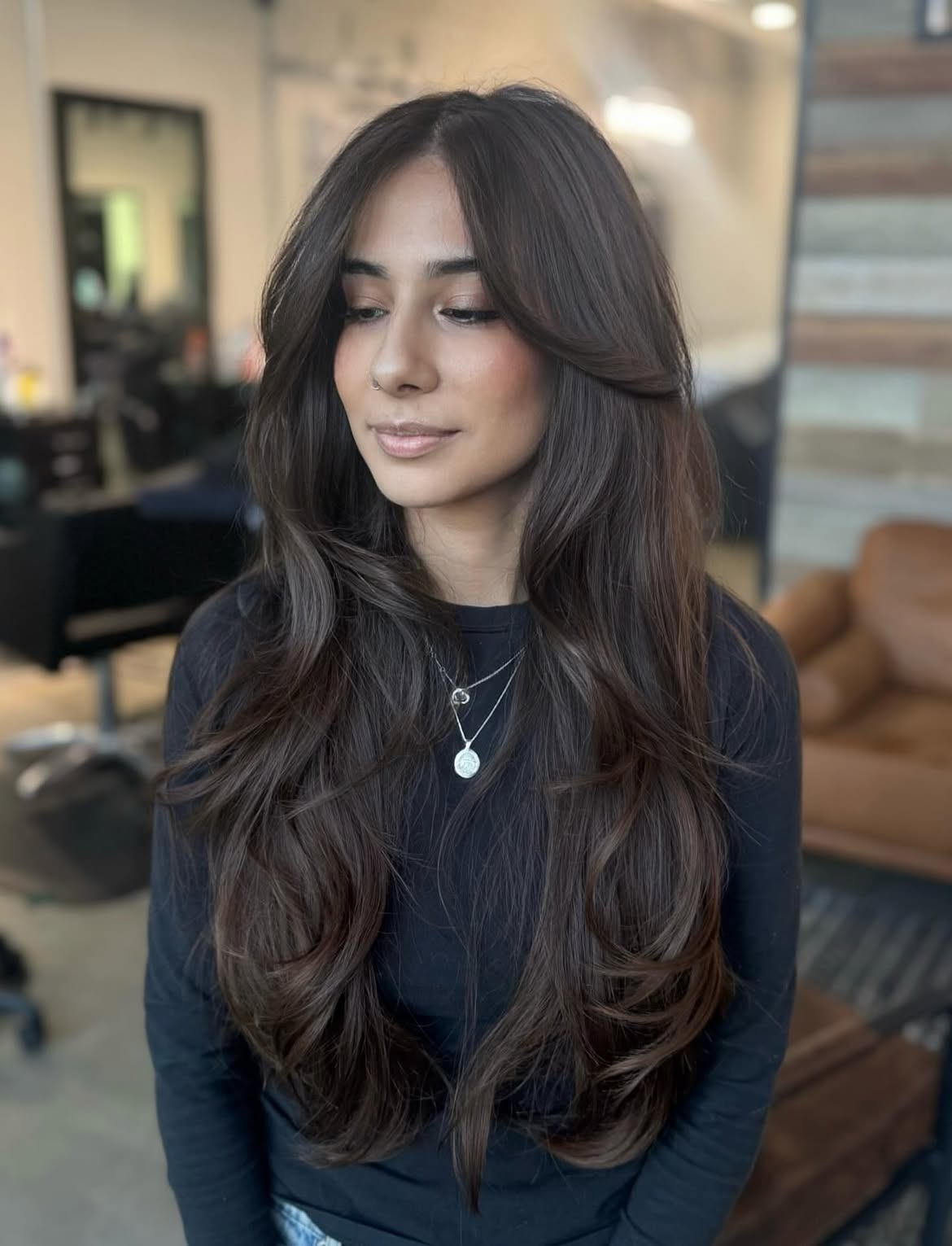 Volume Rich Long Layers With Soft Curtain Bangs