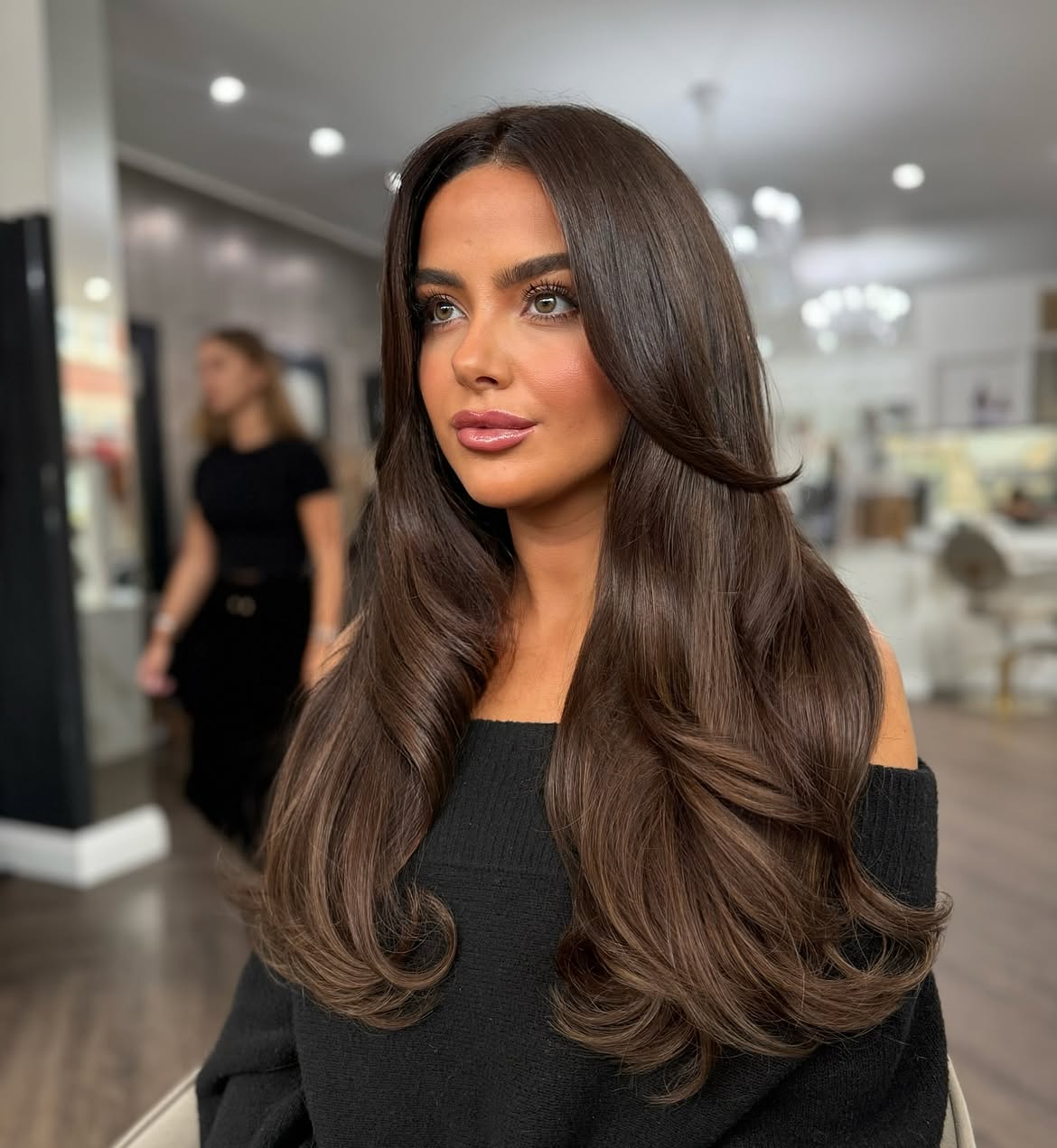 Voluminous Blowout Layers On Rich Espresso Brunette Hair