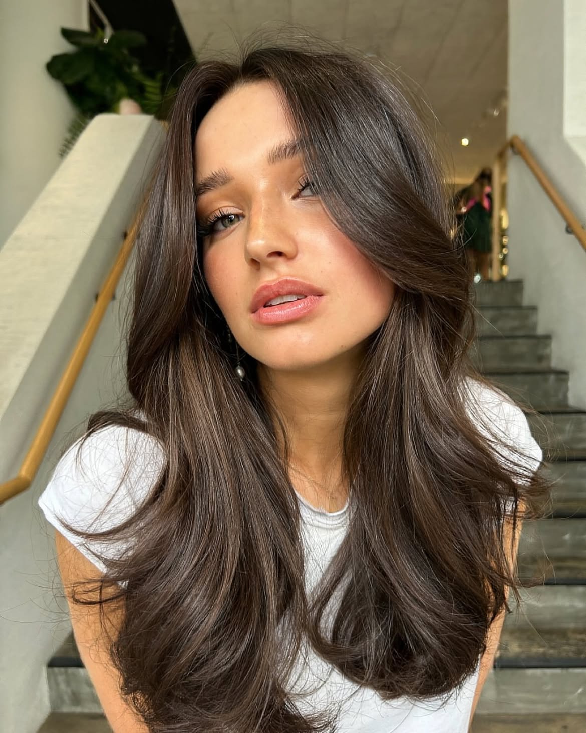 Voluminous Blowout With Curtain Bangs On Espresso Layers