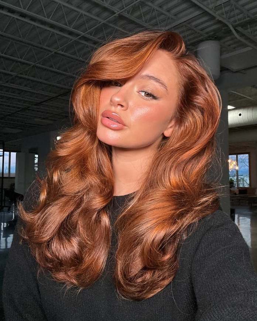 Voluminous Copper Brown Layers With Deep Side Part