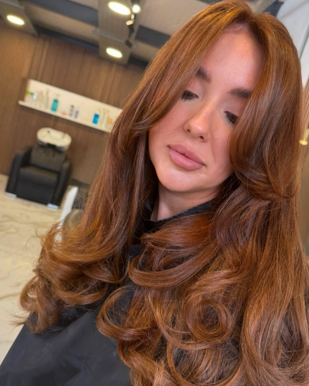 Voluminous Copper Brown Layers With Soft Curtain Bangs