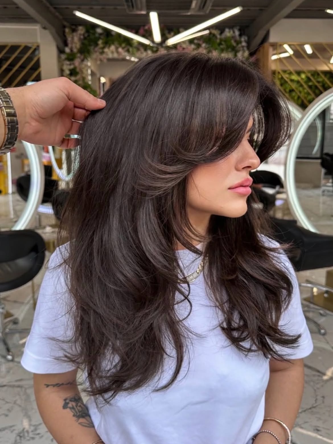 Voluminous Dark Brown Layers With Curtain Bangs