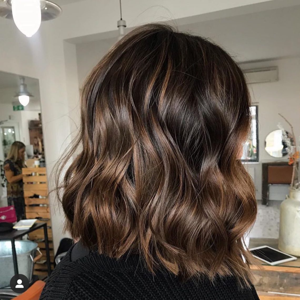 Warm Balayage Highlights On Dark Brown Bob