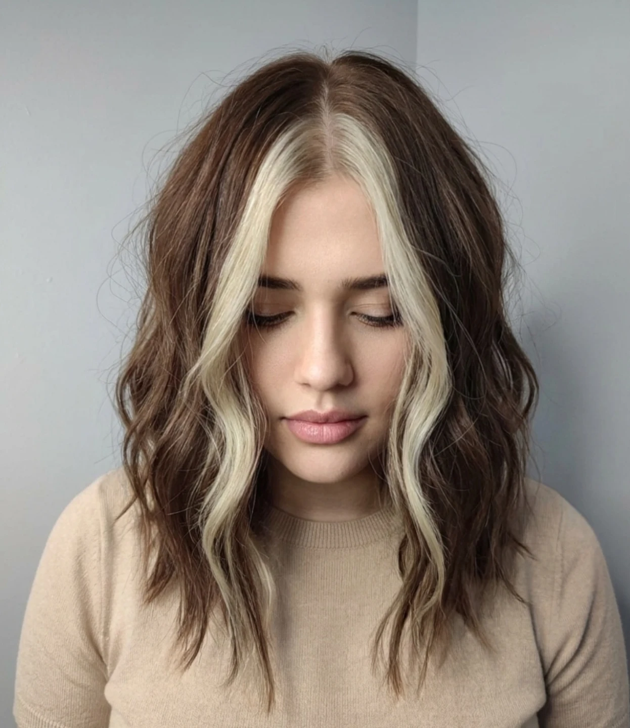 Wavy Chocolate Lob With Bright Platinum Money Piece