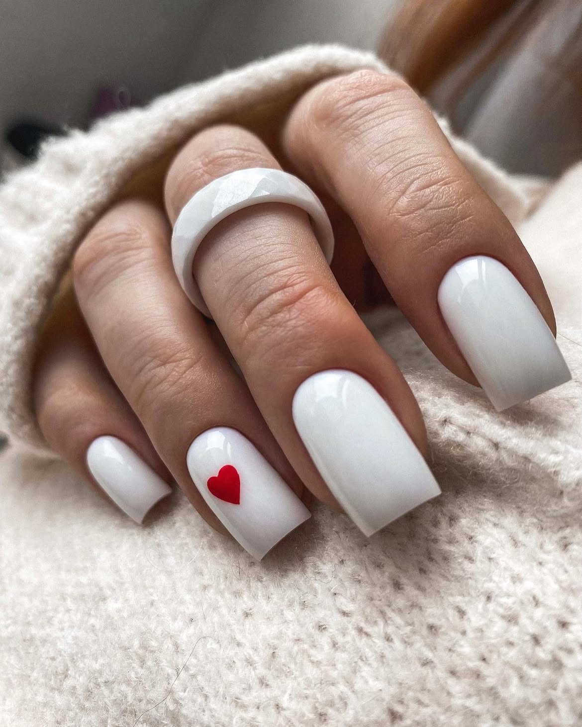 White Square Nails With Tiny Red Heart Accent