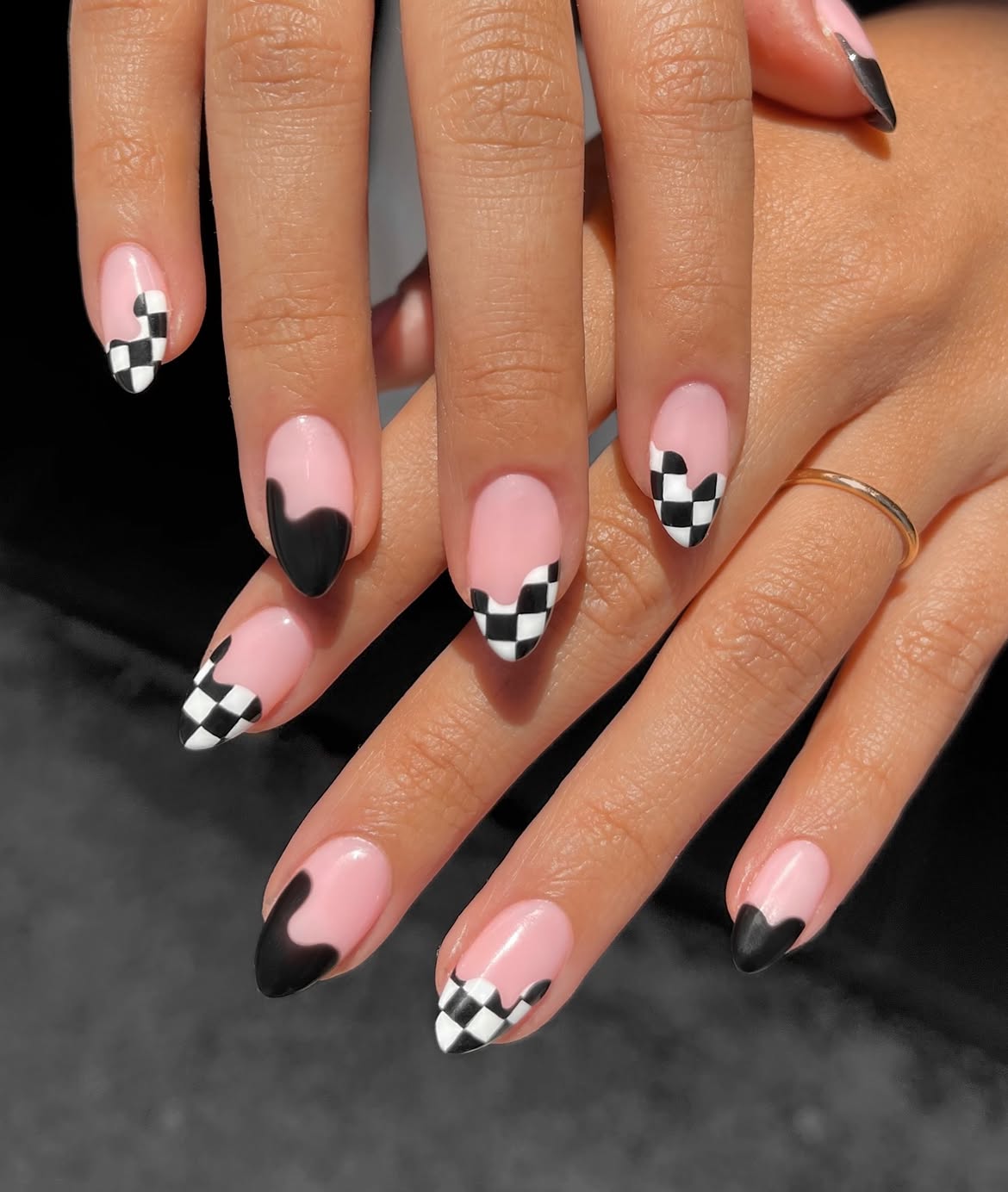 Black & White Checkered French Tip Almond Nails